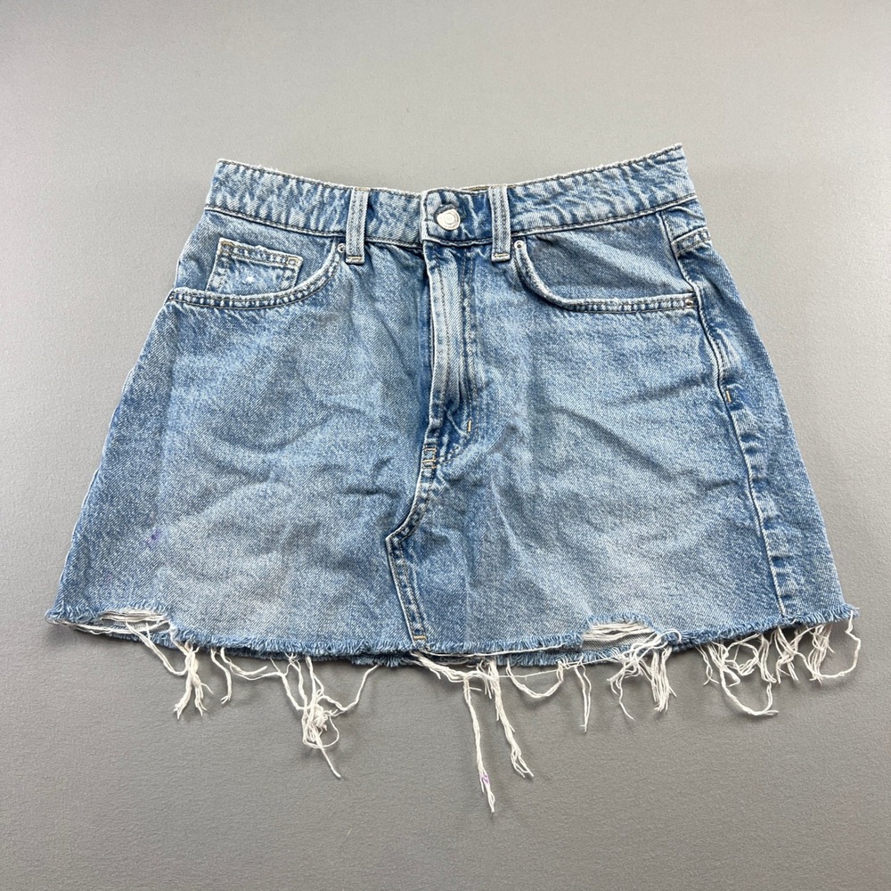 Cotton On Denim Mini Skirt Womens 28 Blue Denim Light Wash Fringe Hem Streetwear